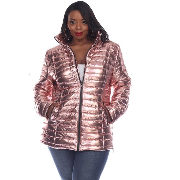 Plus Size Pink Metallic Puffer Coat 
